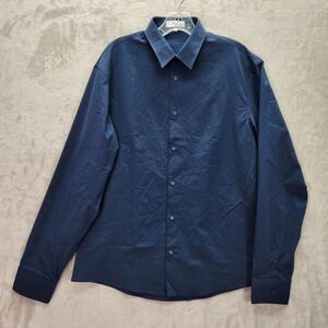 D Uniforms Work Mens Large Navy Button Front Designed Paris‎ Shirt Long Sleeve